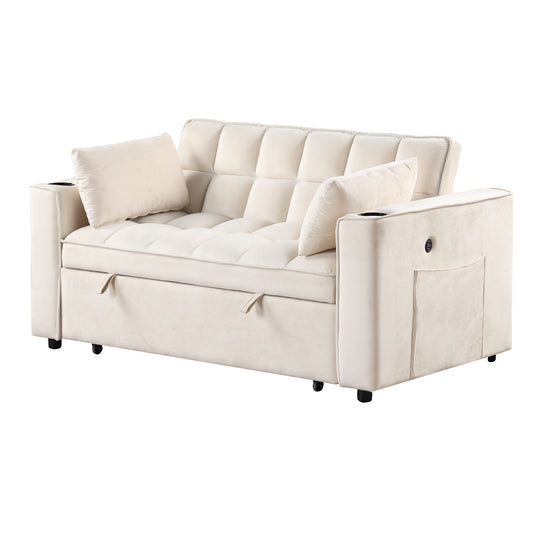 55.3 Multi-functional Sofa Bed with Cup Holder and USB Port for Living Room in Milky White