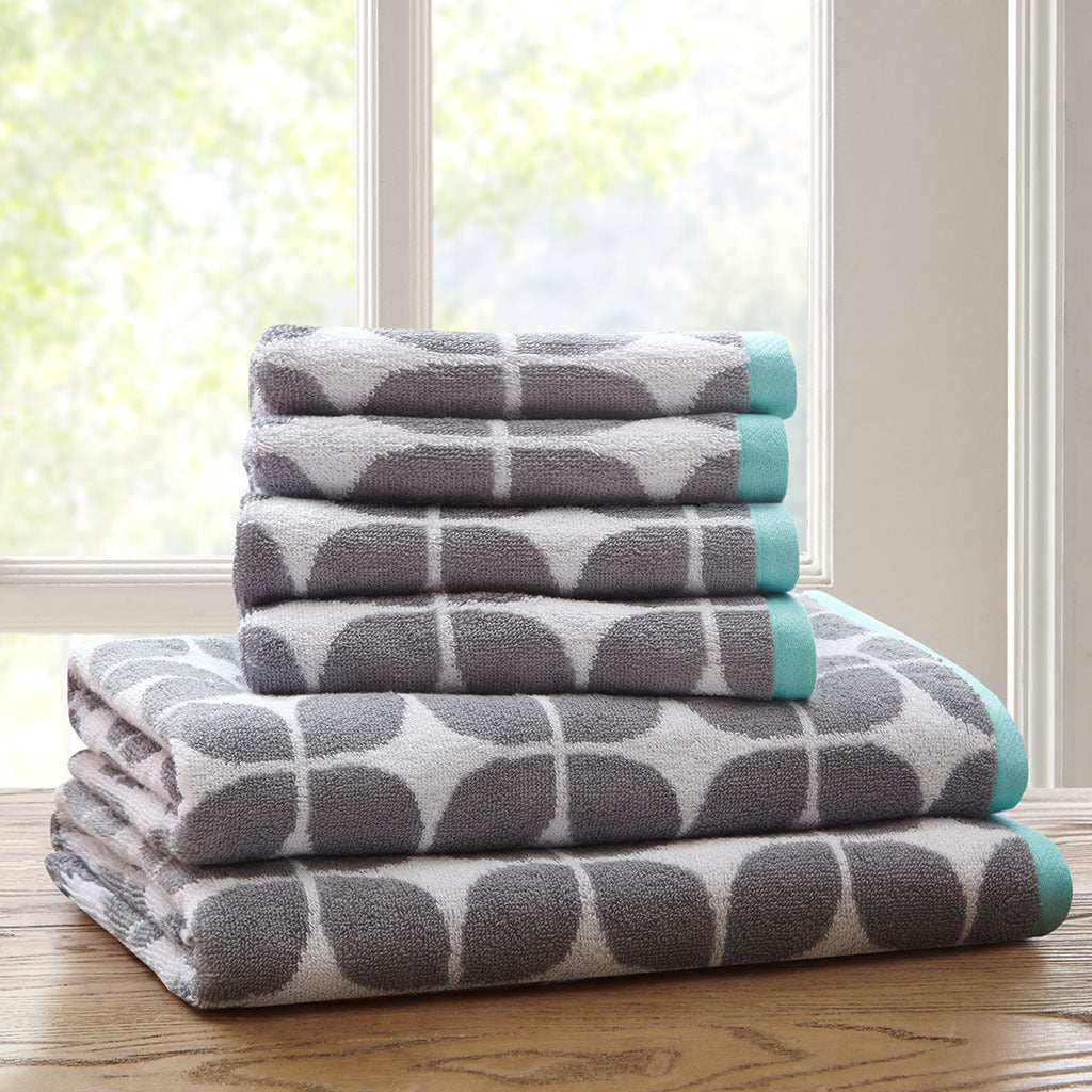 Jacquard Geometric Print Bath Towel Set with Dobby Border