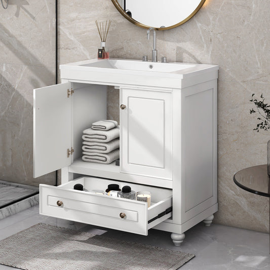 30" Bathroom Vanity with Sink, Combo, Cabinet with Doors and Drawer, Solid Frame and MDF Board, White