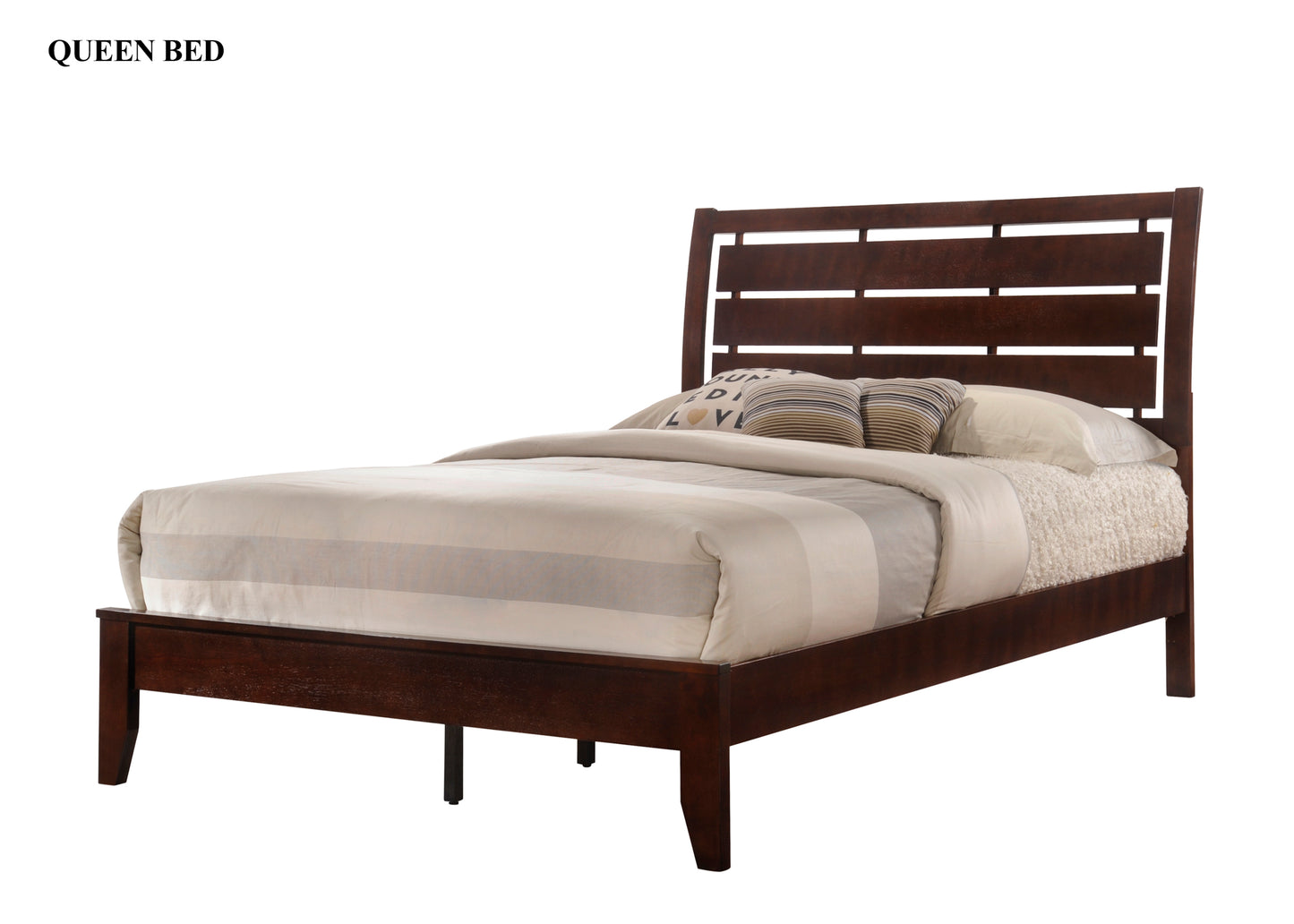 1pc Queen Size Brown Cherry Finish Panel Bed Geometric Design Frame Softly Curved Headboard Wooden Bedroom Furniture