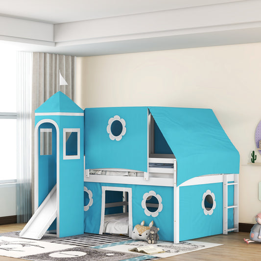 Blue Castle Bunk Bed - Full Size with Slide and Tower