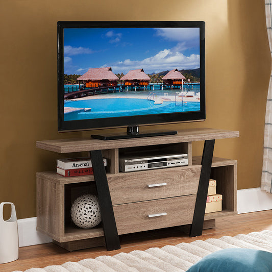 Taupe and Black TV Stand with Storage and Modern Design