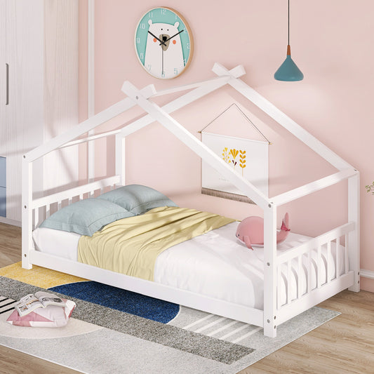 Twin Size House Bed Wood Bed, White