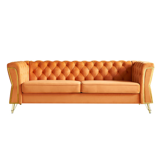 Modern Tufted Velvet Sofa 87.4 inch for Living Room Orange Color