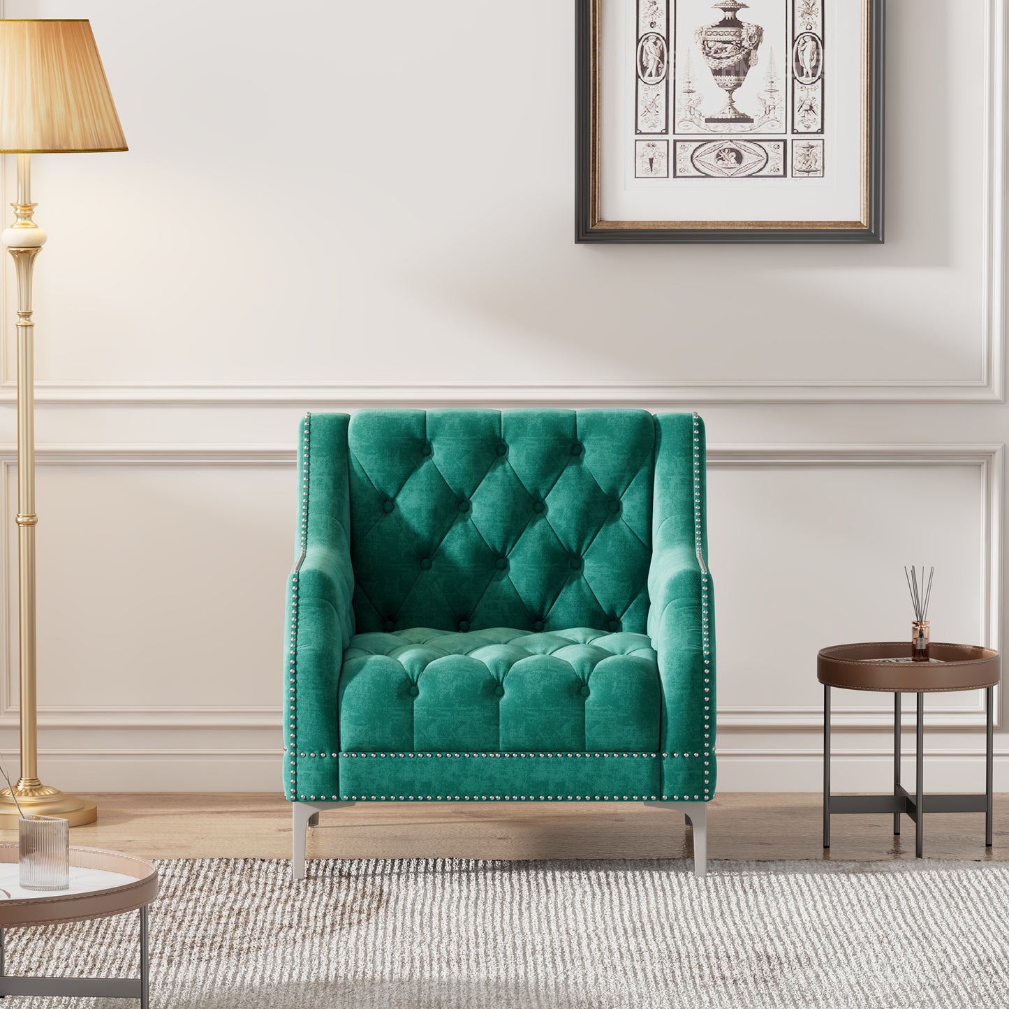 Plush Upholstered Green Modern Sofa with Metal Legs