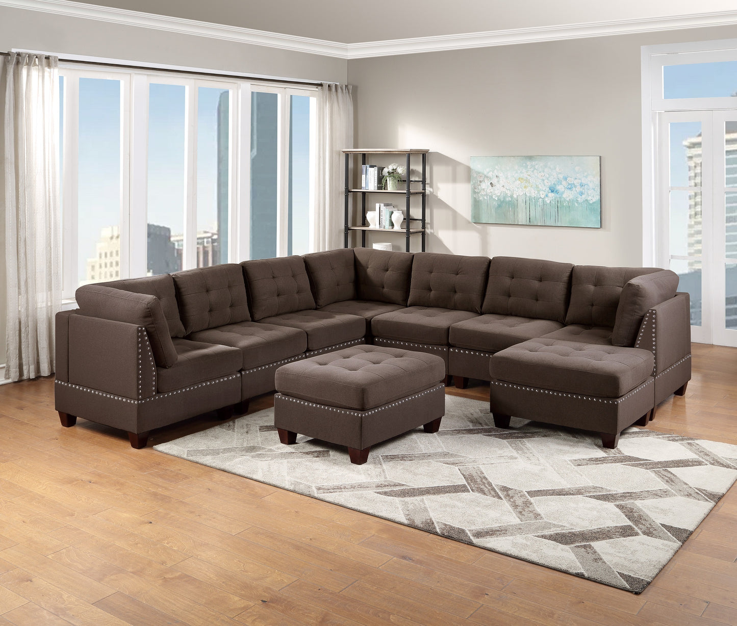 9-Piece Modular Sectional Living Room Furniture Set in Black Coffee Linen Fabric