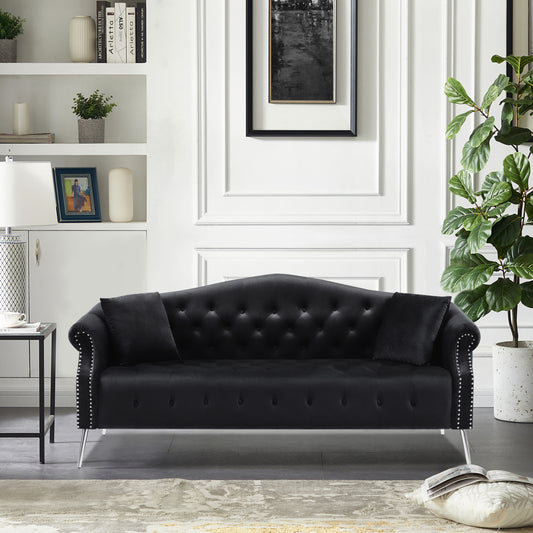 Classic Black Velvet Chesterfield Sofa Set with Rolled Arms and Silver Metal Legs