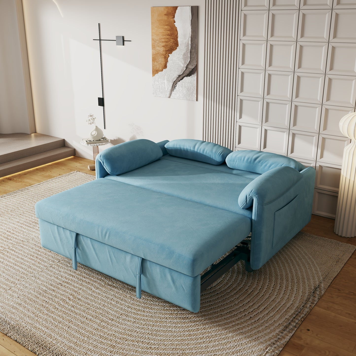 54 Blue Velvet Sofa Bed with Retractable Dual Purpose and Armrest Storage Bag