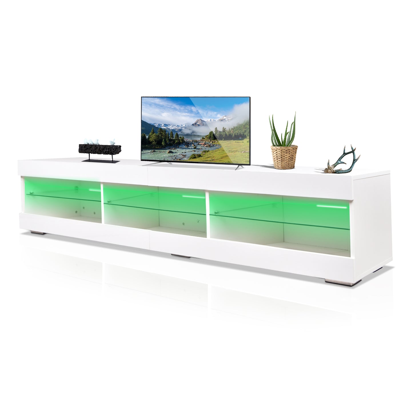 Sleek LED TV Console with Storage and Glass Shelves for Modern Living Rooms