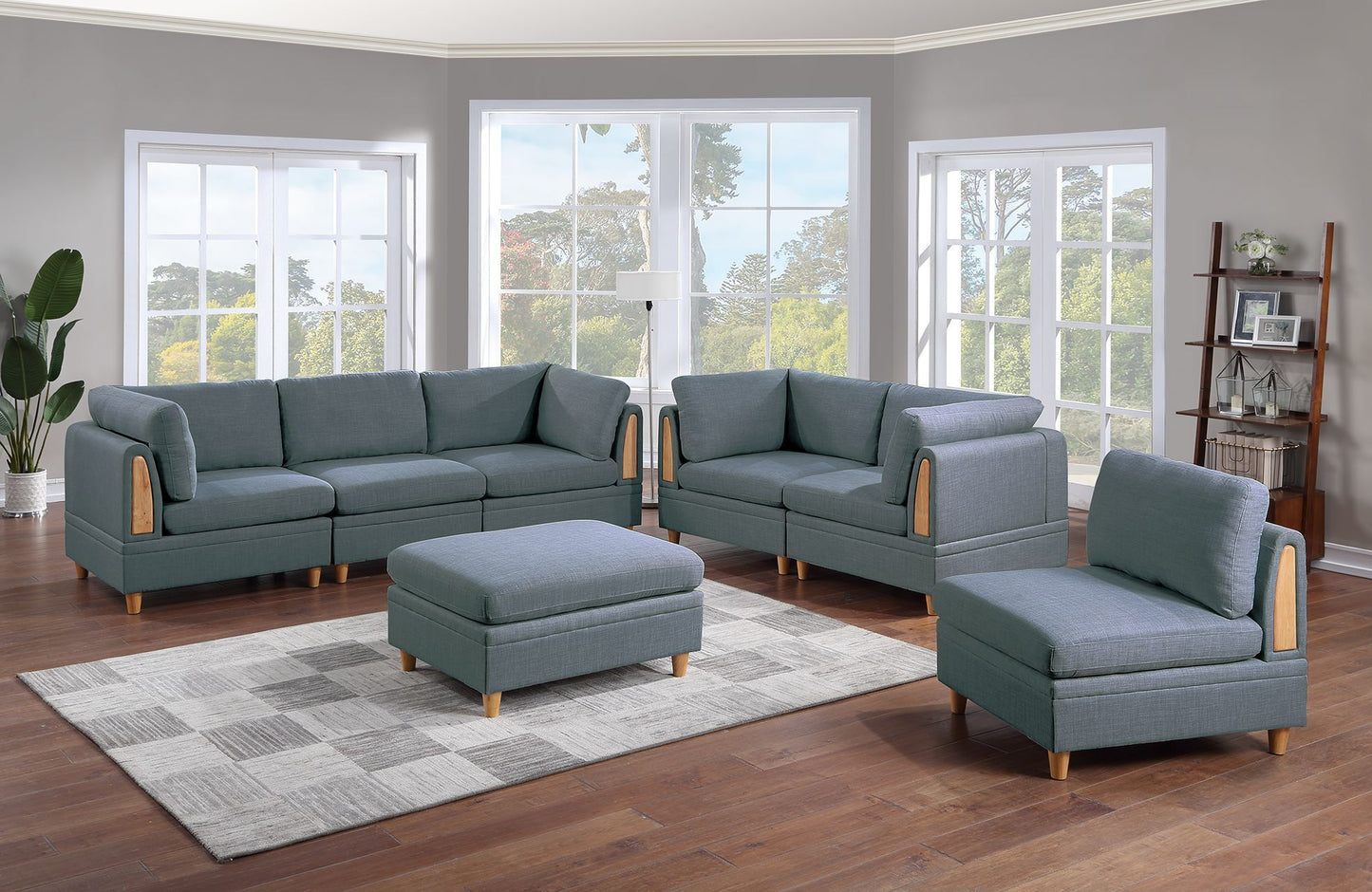 Contemporary 7pc Steel Grey Fabric Sectional Sofa Set