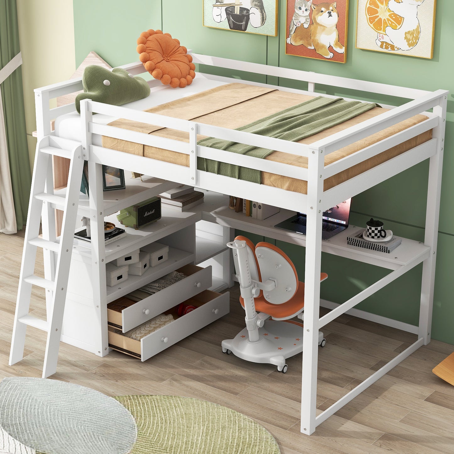 Full Size Loft Bed with Desk and Shelves,Two Built-in Drawers,White(: SM000416AAK)