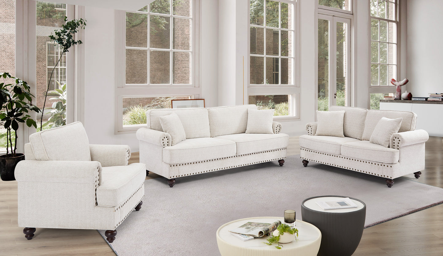 Living Room Furniture, Modern 3-Piece Including Three-Seater, Loveseat and Single Chair,Chenille modern Upholstered Sofa Set, White