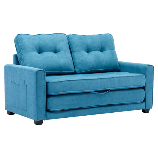 Modern Blue Loveseat Sofa with Pull-Out Bed and Storage Pockets