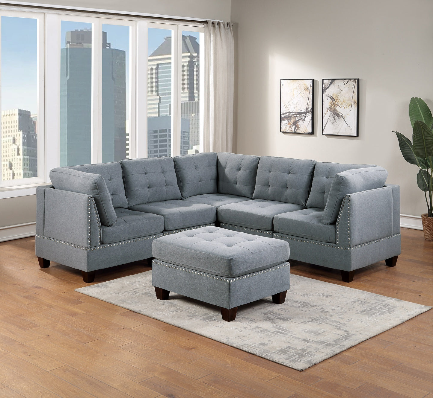 Elegant Gray Linen Modular Sectional Living Room Set with Tufted Nail Heads