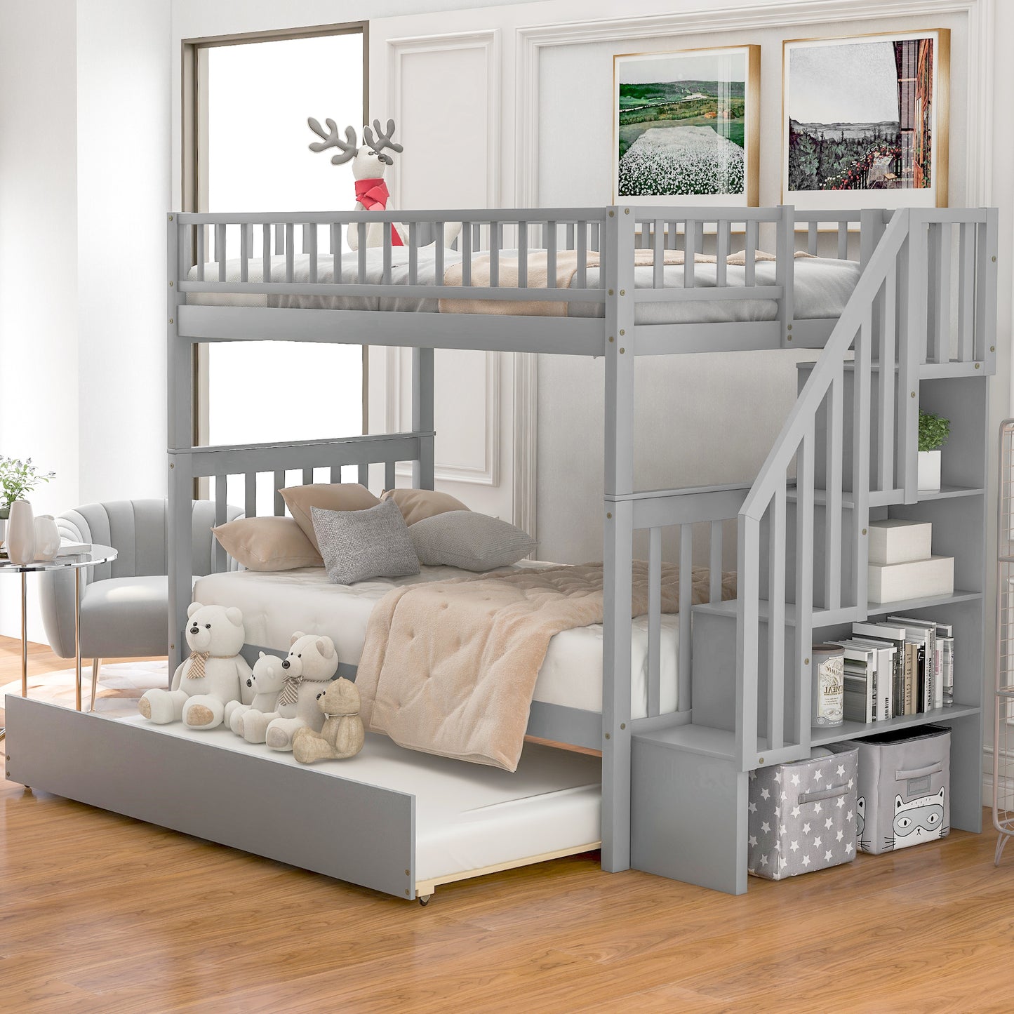 Gray Twin Bunk Bed with Trundle, Storage, and Versatility