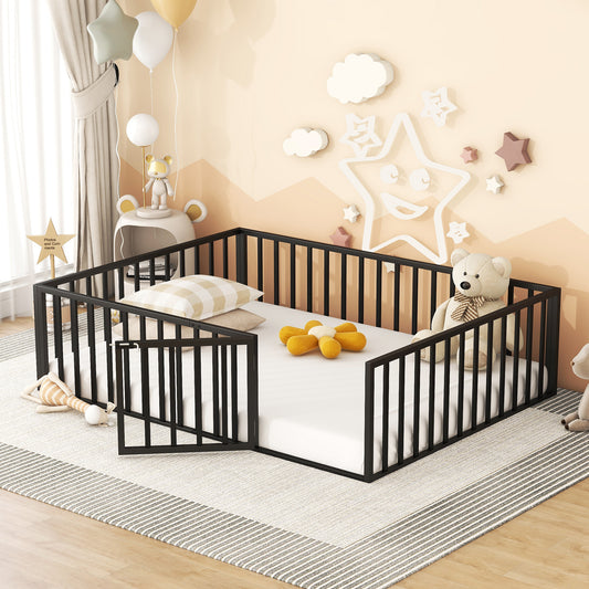 Queen Size Metal Floor Bed Frame with Fence and Door, Black