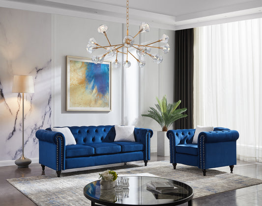 Elegant 2-Piece Blue Velvet Living Room Sofa Set with Button Detailing and Villose Pillows