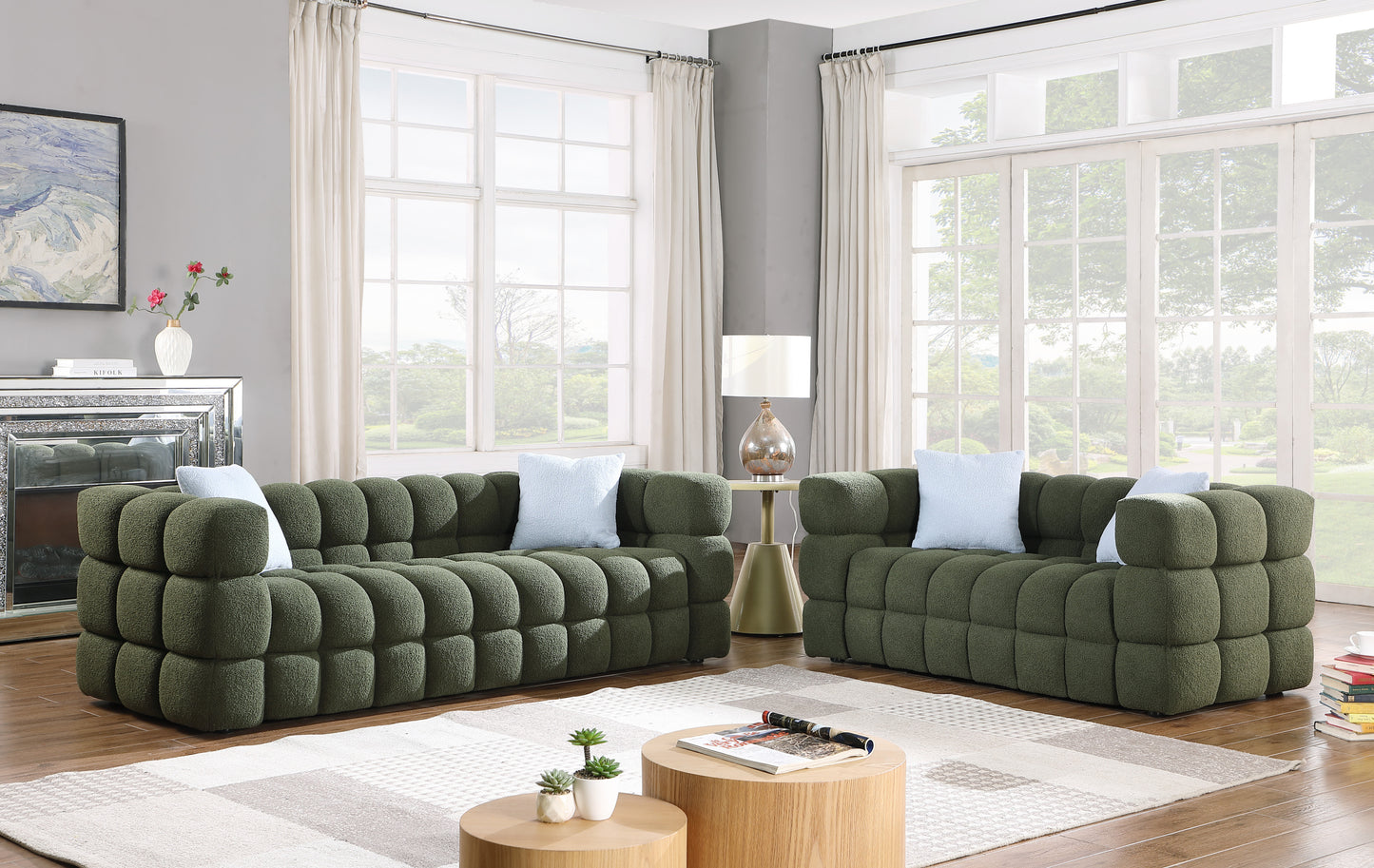 Olive Green Boucle 3-Seater Sofa with Plush Multi-Density Foam