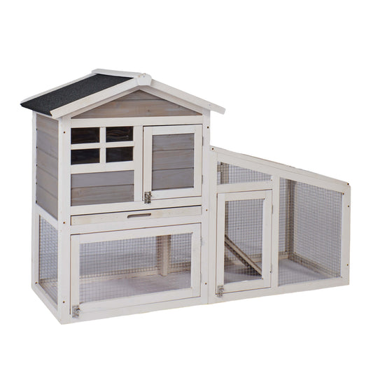 Rabbit Hutch Indoor Outdoor, Wooden Chicken Coop, Bunny Cage Hen House with Run, Ventilation Door, Removable Tray, Ramp, Sunlight Panel, Backyard Garden Animals Pet Cage (Gray)