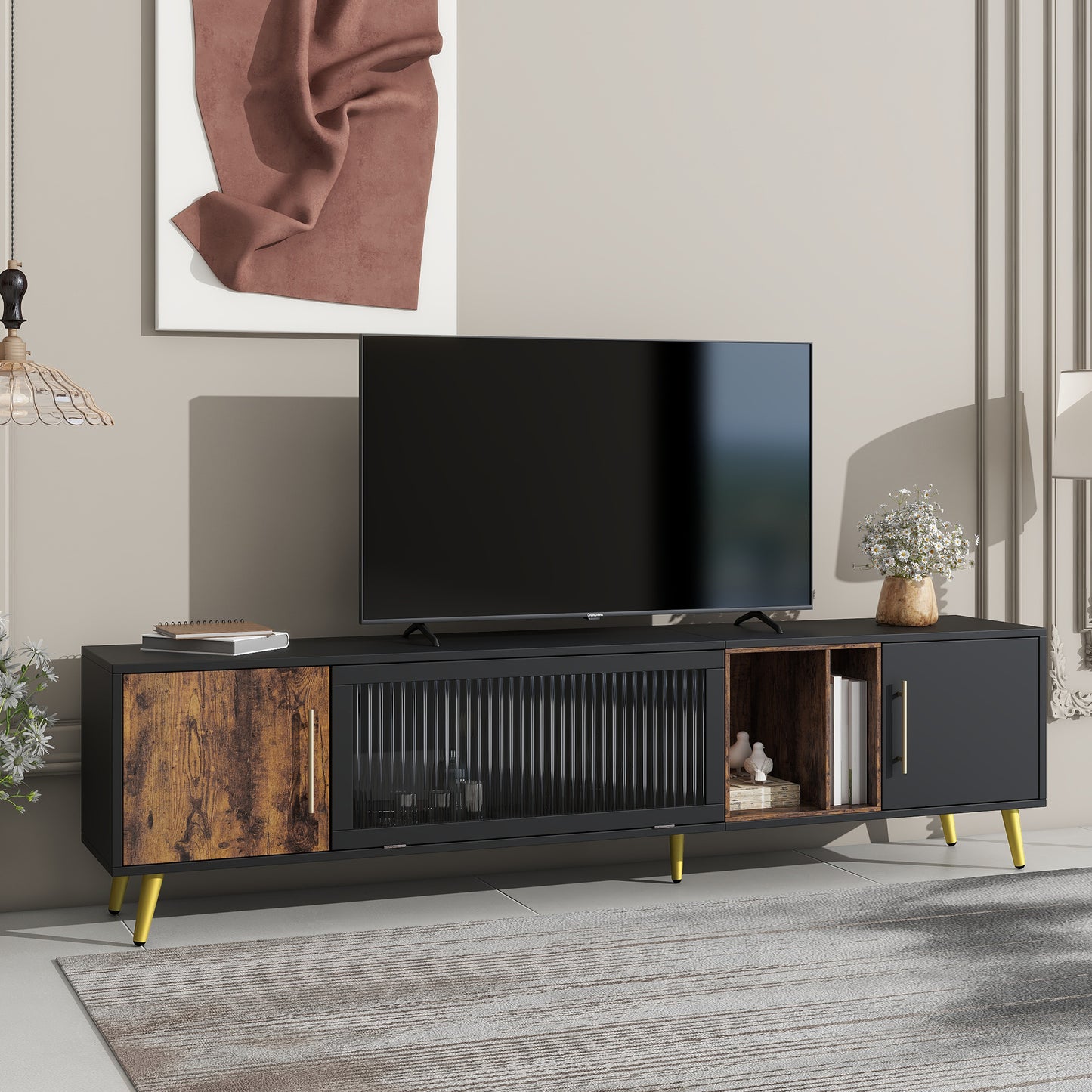 Elegant Black and Gold Two-Tone TV Stand with Adjustable Storage