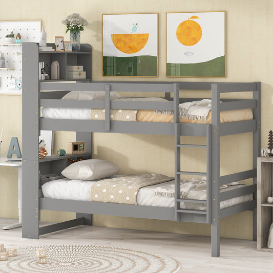 Convertible Rustic Grey Twin Over Twin Bunk Beds with Bookcase Headboard