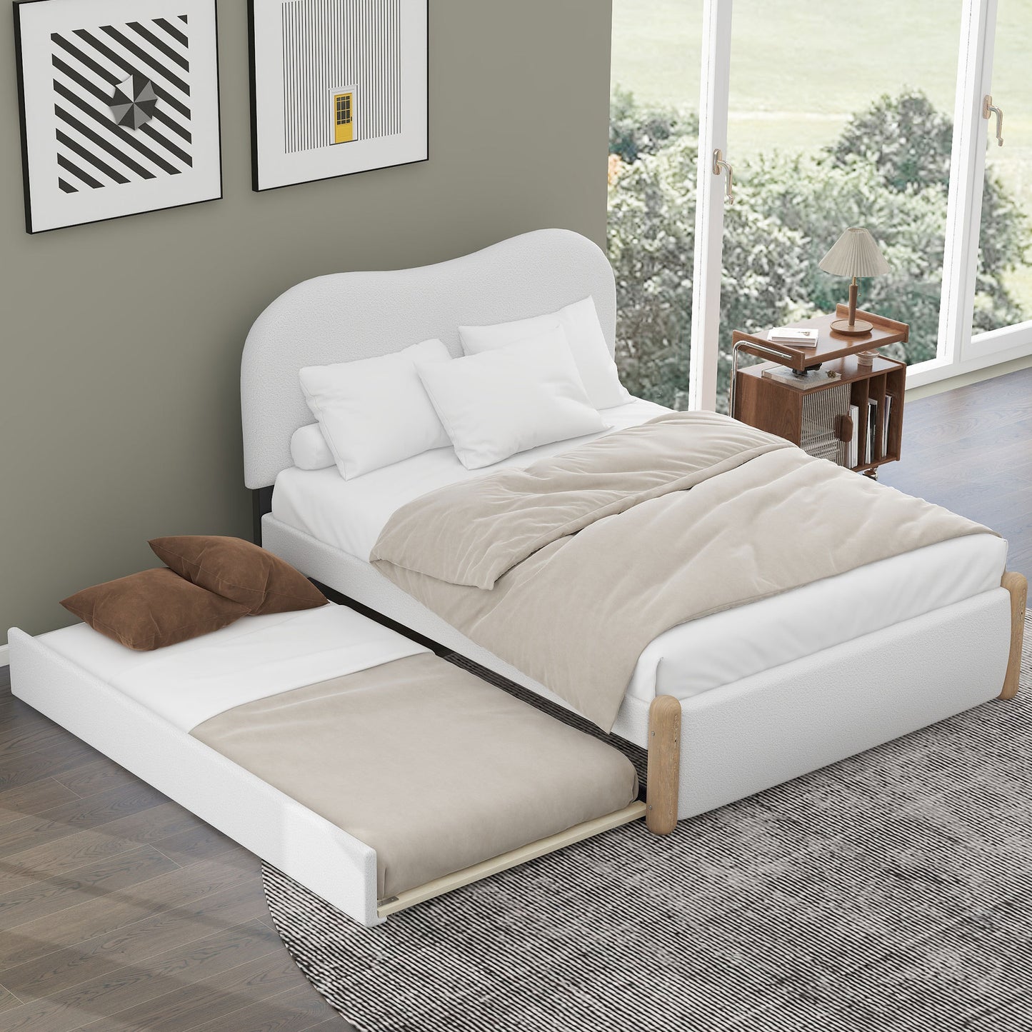 Full Size Upholstered Platform Bed with Wood Supporting Feet and Twin Size Trundle, White