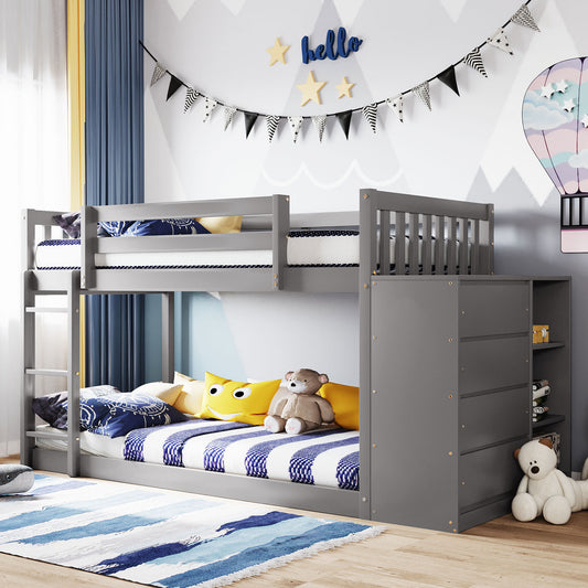 Space-Saving Gray Twin Bunk Bed with Storage and Built-in Shelves for Twin over Twin Configuration