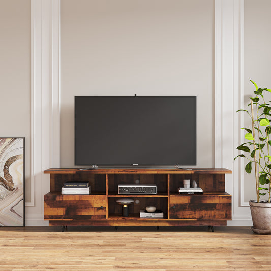 Modern TV Console with Wooden Finish, 2 Doors, and 4 Open Shelves