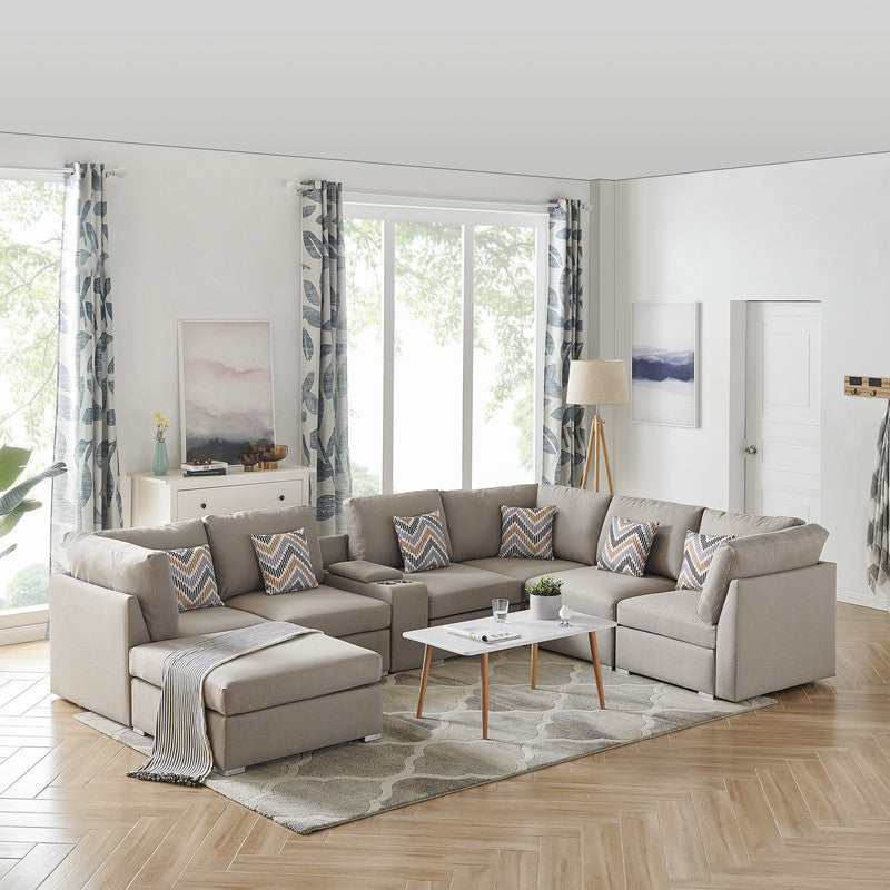 Amira Beige Fabric Modular Sectional Sofa with USB Console, Ottoman, and Versatile Configurations