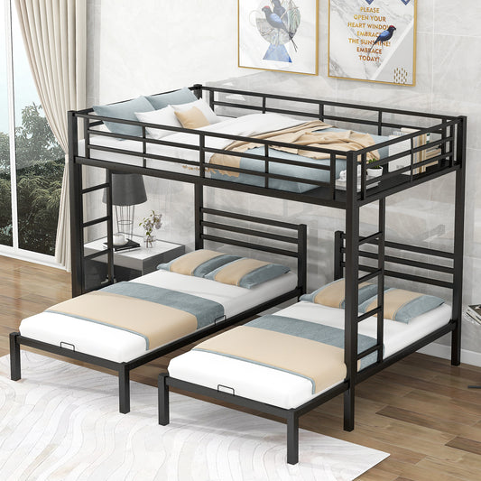 Black Metal Bunk Bed with Built-in Shelf for Twin & Full Size