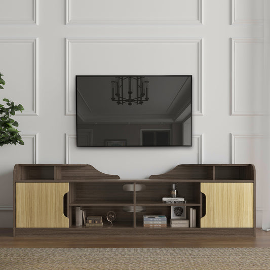 Elegant Modern TV Stand with Glossy Finish, Beige and Brown, Versatile Assembly Options