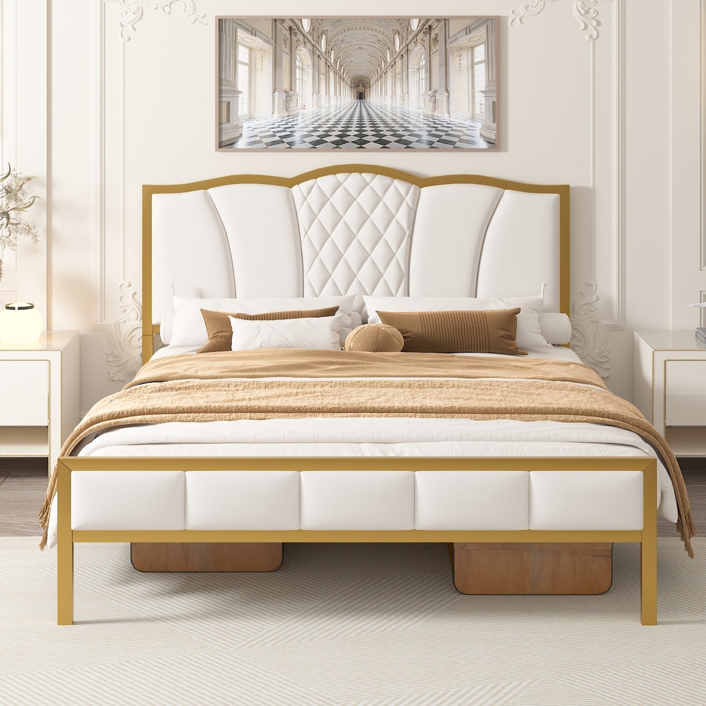 Queen Size Bed Frame, Modern Upholstered Bed Frame with Tufted Headboard, Golden Metal Platform Bed Frame with Wood Slat Support, Noise Free, No Box Spring Needed,Beige