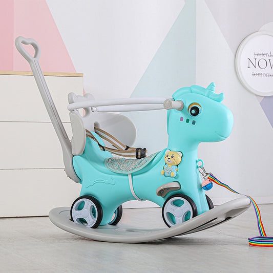 Blue Unicorn Rocking Horse and Ride-On Toy for Toddlers with Push Handle and Sound Button