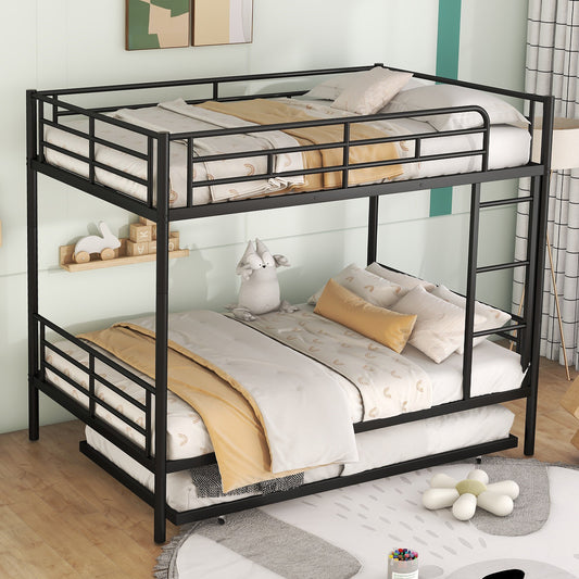 Stylish Contemporary Metal Bunk Bed with Trundle - Sleek Black Design