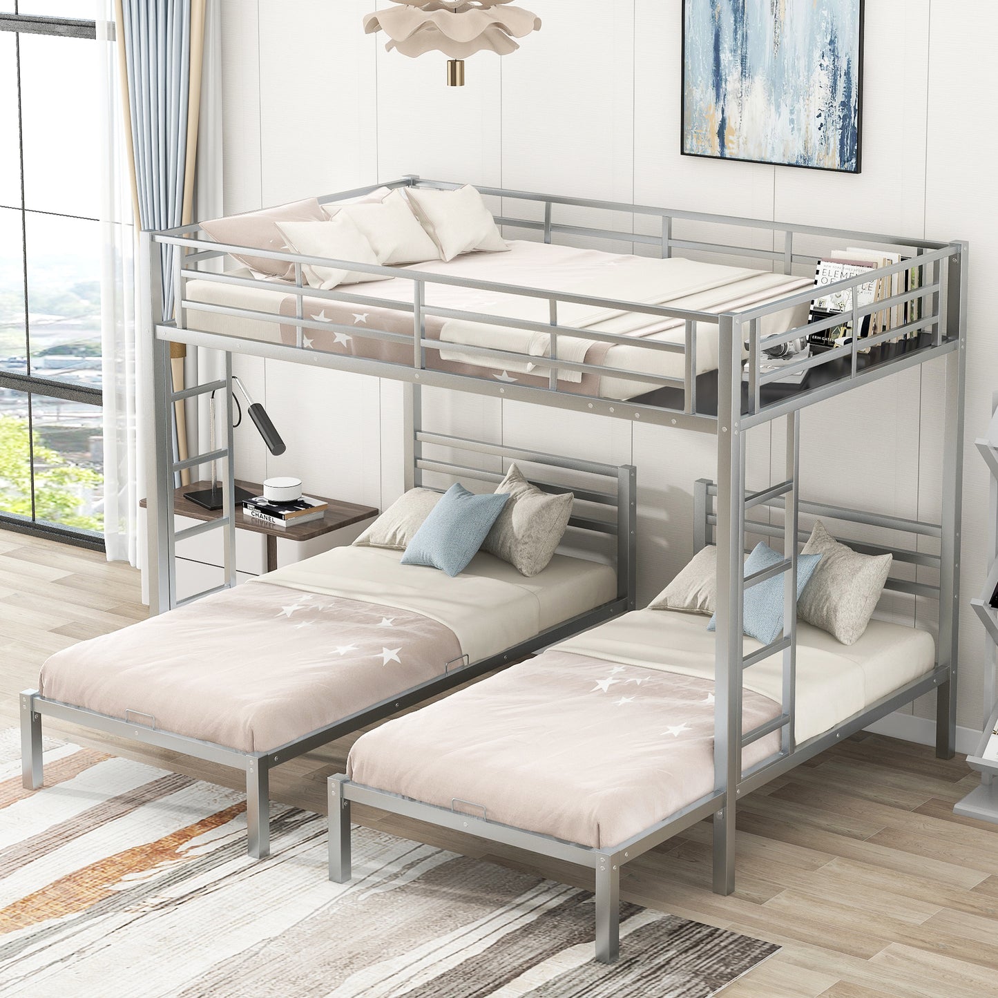 Space-Saving Silver Metal Triple Bunk Bed with Storage Shelf - Full over Twin & Twin Size