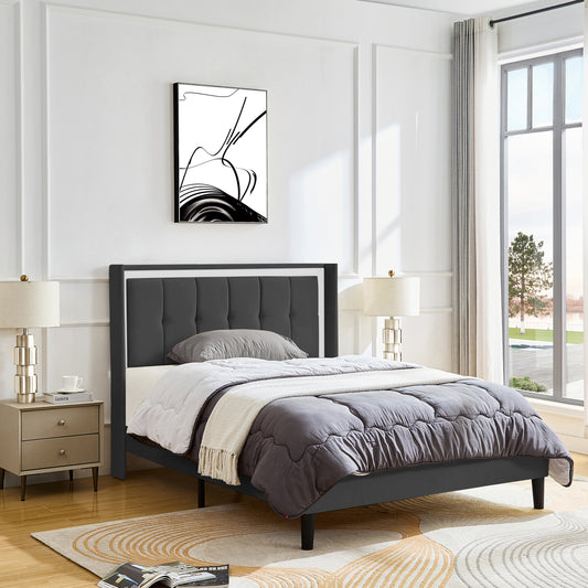 Queen Size Upholstered platform bed frame with headboard and sturdy wooden slats, high load-bearing capacity, non-slip and noiseless, no springs required, easy to assemble, dark gray bed