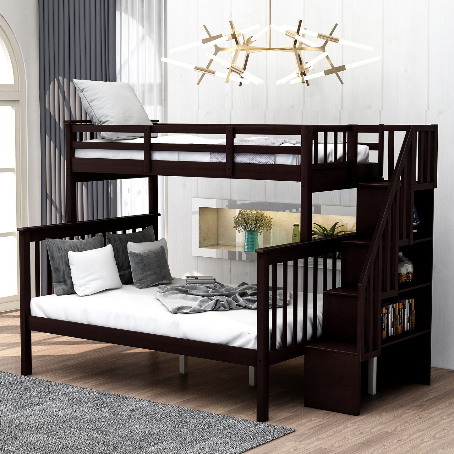 Elegant Espresso Twin-Over-Full Bunk Bed with Storage and Guard Rail