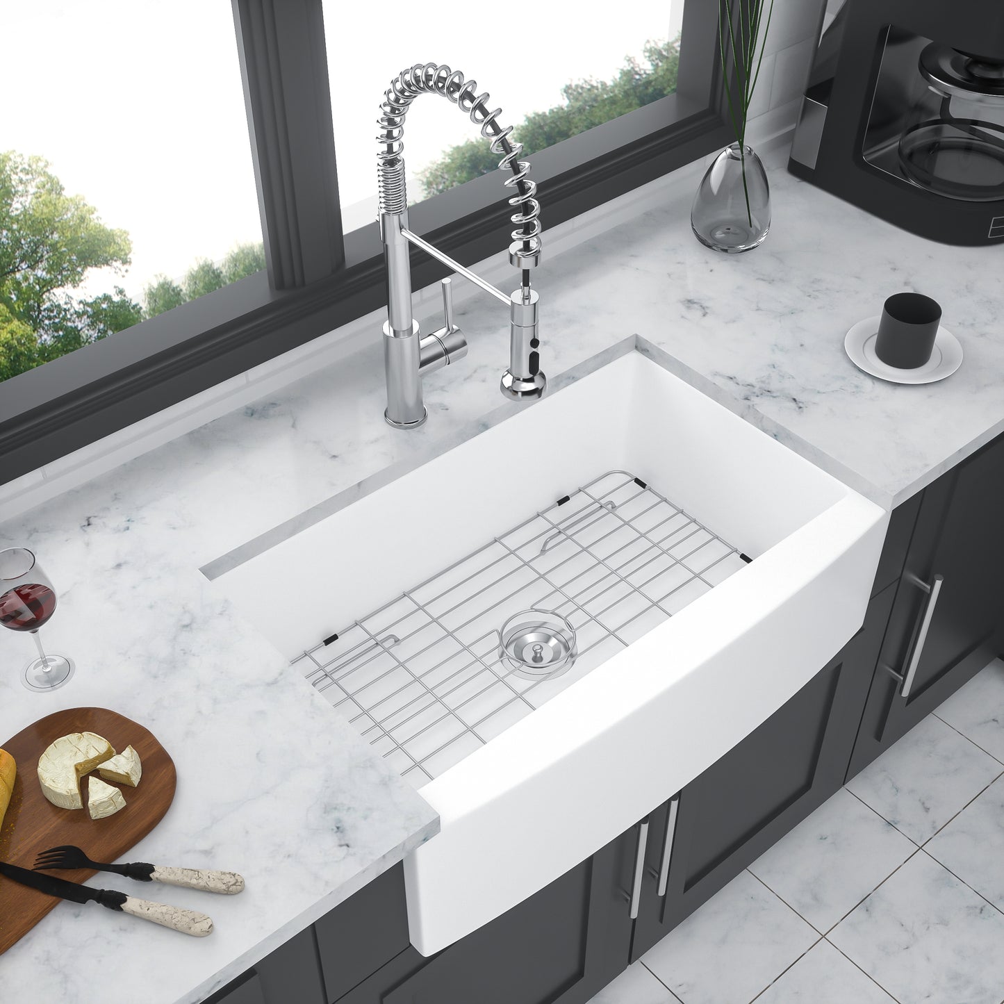 30-Inch White Ceramic Farmhouse Kitchen Sink with Arch Edge and Stainless Steel Accessories