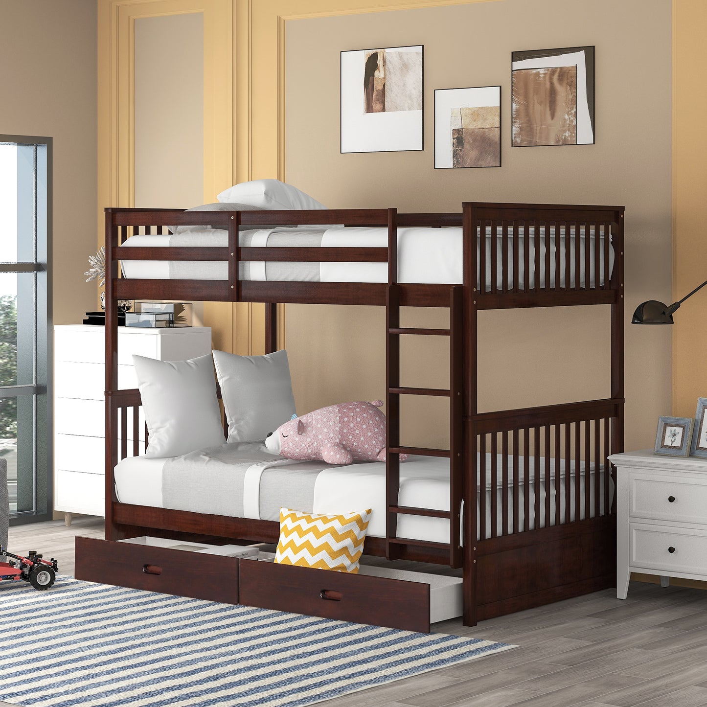 Twin Bunk Bed with Storage Drawers and Ladders in Espresso - Space-Efficient Solution