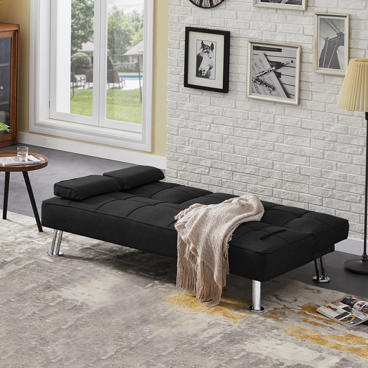 Modern Convertible Folding Futon Sofa Bed with2 Cup holders , Fabric Loveseat Sofa Bed with Removable Armrests and Metal Legs .