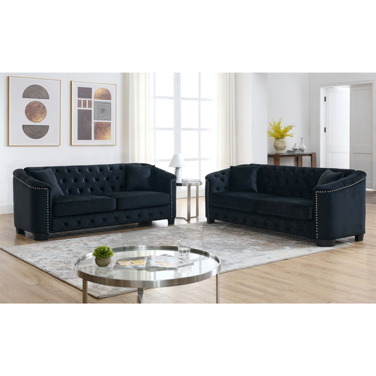 3-Piece Velvet Black Sofa Set with Two Pillows