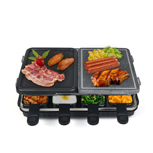 Dual Raclette Tabletop Grill with 2-in-1 Cooking Plate and Built-in Stone - Electric Cooker for Korean BBQ Gatherings