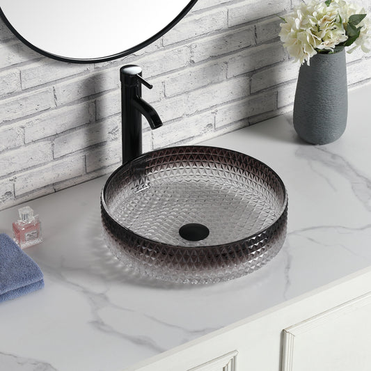 Diamond Shape Bathroom Crystal Glass Vessel Sink, Bathroom Countertop Basin (Transparent Gradient Black-Grey)