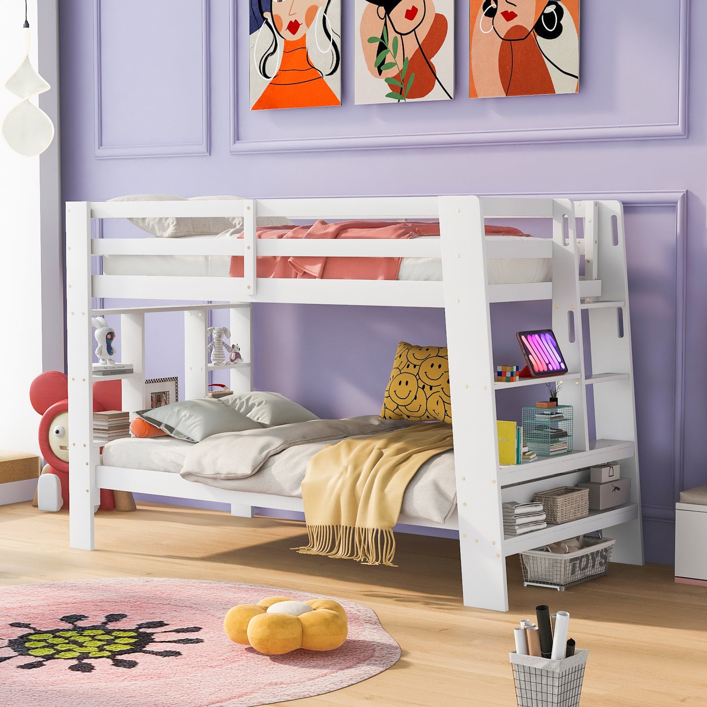 White Bunk Bed with Twin Shelves and Built-in Ladder