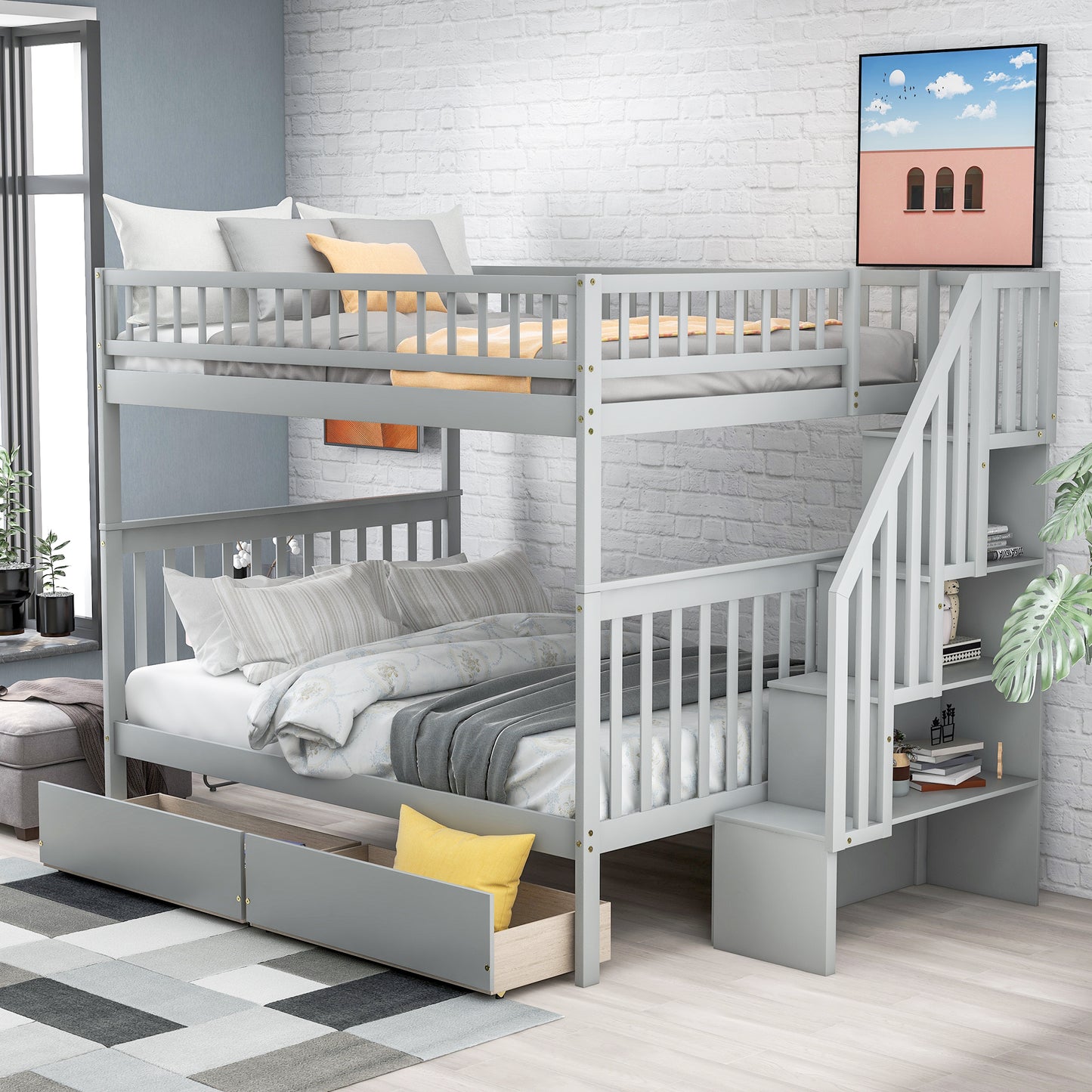 Gray Full over Full Bunk Bed with Storage Drawers and Ample Space