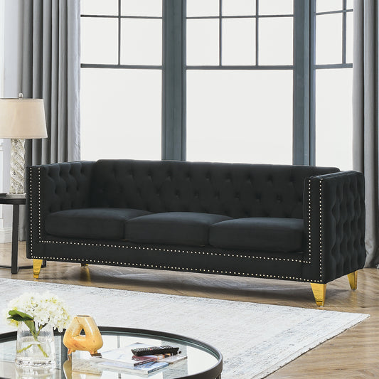 Velvet Sofa for Living Room,Buttons Tufted Square Arm Couch, Modern Couch Upholstered Button and Metal Legs, Sofa Couch for Bedroom, Black Velvet