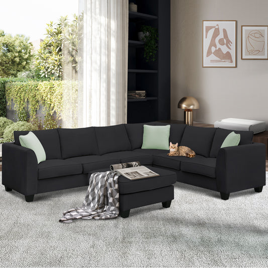 L-Shaped Black Sectional Couch Set with Ottoman and Pillows