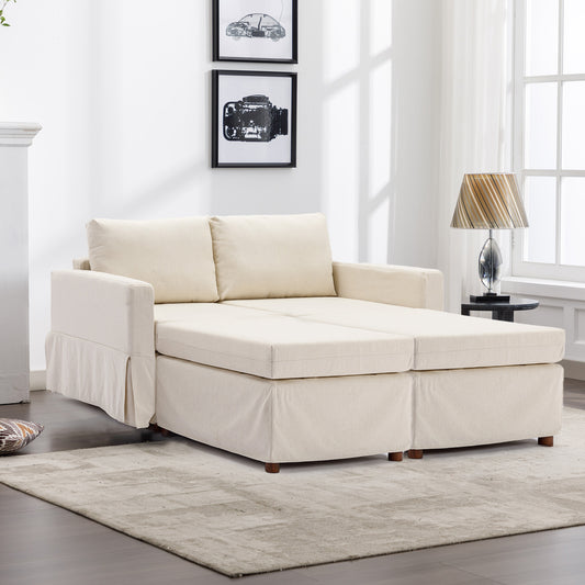 Cream 2-Seat Sectional Sofa with Ottoman and Washable Cushions