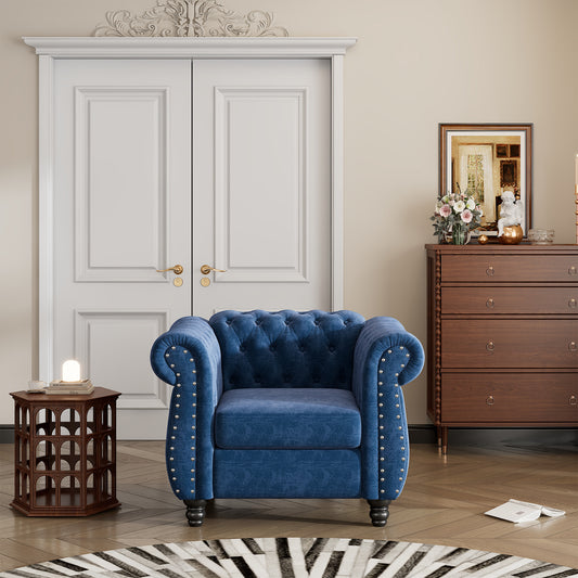 39 Plush Blue Upholstered Modern Sofa with Solid Wood Legs and Buttoned Tufted Backrest