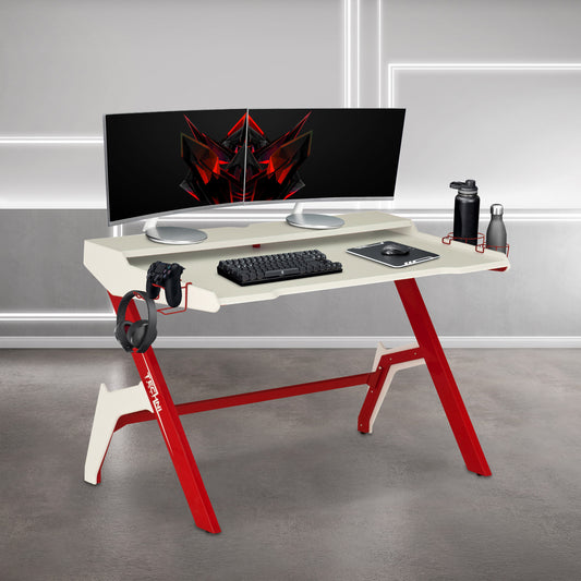 Ergonomic Red Gaming Desk with Cupholder & Headphone Hook